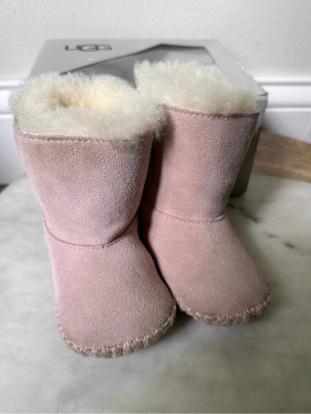 UGG Caden Baby Boots Booties Seashell Pink Suede Sheepskin Lining Infant 6-12 M